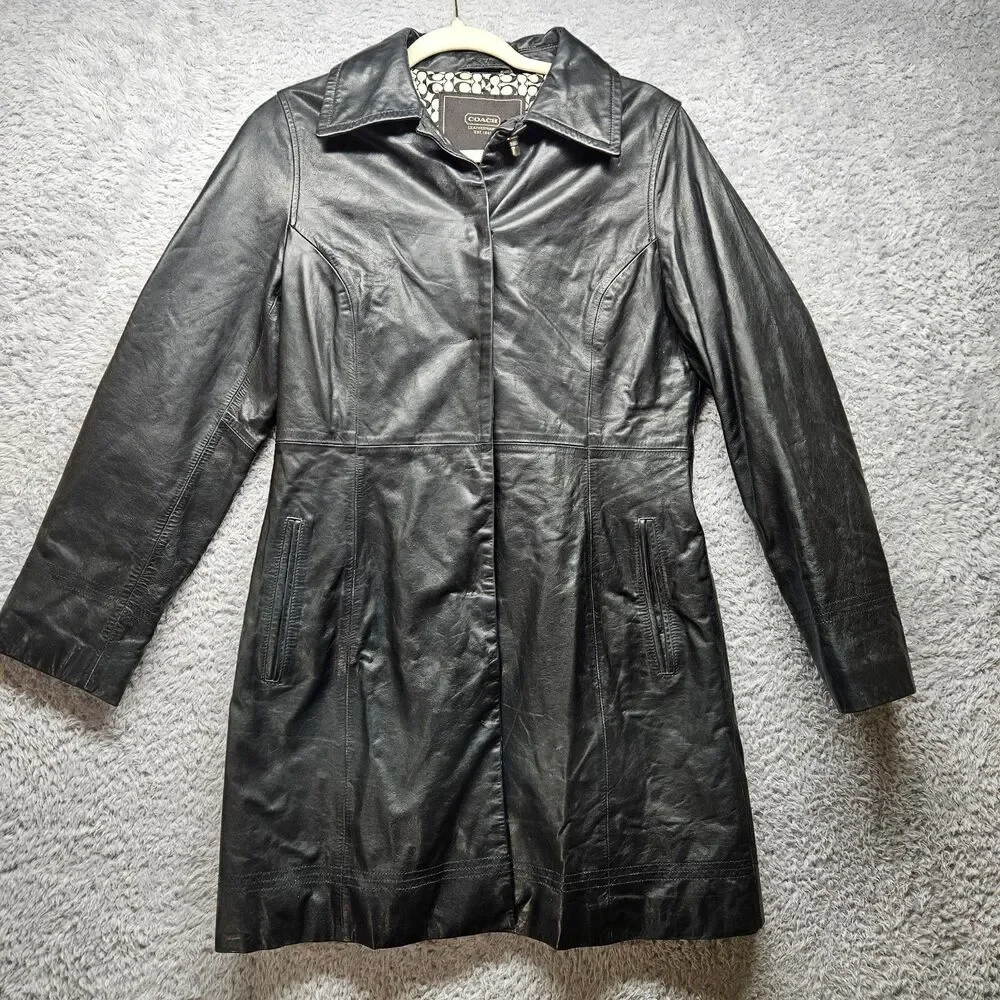 Coach Womens Black Leather Jacket Size XS Mid Length